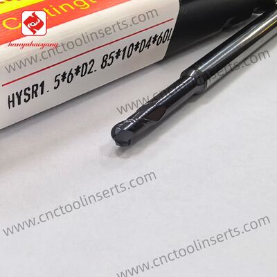 Model HYSR1.5*6*D2.85*10*D4*60L, 2-flute ball nose end mill with PVD coating, designed for 3D precision machining of soft materials and small-diameter applications.
