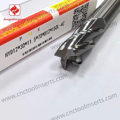 Modelo HYD12*30*11.5*70*D12*150L-4Z, fresa de topo sem revestimento de 4 lâminas, adequada para usinagem de materiais de alumínio.
